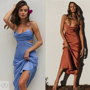Women Clothing Elegant Sexy Sling Solid Color Maxi Dress Pile Collar Backless Dress - Quality Home Clothing| Beauty