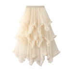Wooden Ear Irregular Asymmetric Mesh Tiered Skirt Mid Length High Waist Big Swing Puffy Fairy Gauze Dress Long Skirt - Quality Home Clothing| Beauty