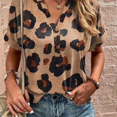 Light French Beige Leopard Folded Short Sleeve Buttoned V Neck T Shirt