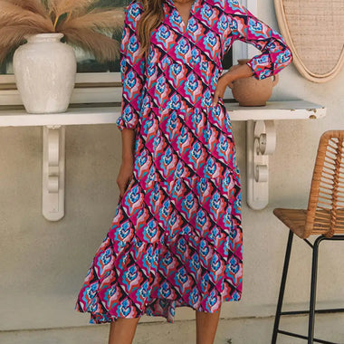 Abstract Geometric Print Long Sleeve High Waist Dress - Dresses/Maxi Dresses