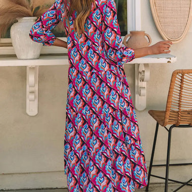 Abstract Geometric Print Long Sleeve High Waist Dress - Dresses/Maxi Dresses