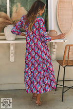 Abstract Geometric Print Long Sleeve High Waist Dress - Dresses/Maxi Dresses