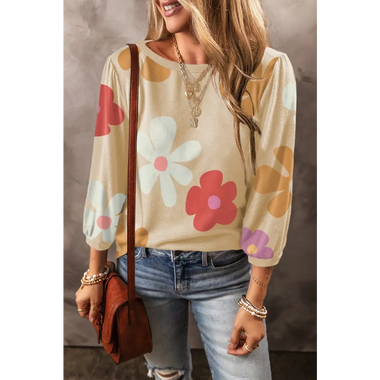 Apricot Cute Flower Print Bracelet Sleeve Top - Apricot / S / 95% Polyester + 5% Elastane - Tops/Tops & Tees