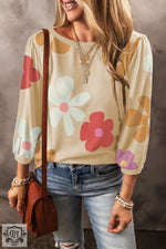 Apricot Cute Flower Print Bracelet Sleeve Top - Apricot / S / 95% Polyester + 5% Elastane - Tops/Tops & Tees