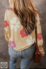 Apricot Cute Flower Print Bracelet Sleeve Top - Tops/Tops & Tees