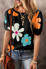 Black short-sleeve Apricot Flower Print Bubble Sleeve Tee in Euro sizes with floral design