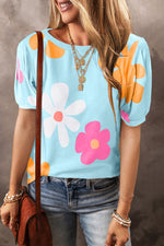 Light blue Apricot Flower Print Bubble Sleeve Tee in euro sizes with daisy designs