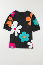 Black short-sleeved Apricot Flower Print Bubble Sleeve Tee with colorful daisies in sizes Euro sizes