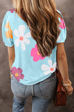 Light blue floral print Apricot Flower Print Bubble Sleeve Tee with denim jeans in Euro sizes