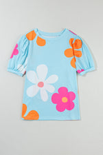 Light blue Apricot Flower Print Bubble Sleeve Tee in euro sizes with floral designs