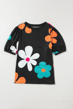 Black short-sleeved Apricot Flower Print Bubble Sleeve Tee with vibrant floral prints in euro sizes