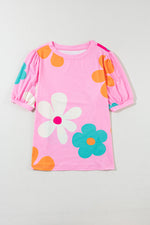 Pink Apricot Flower Print Bubble Sleeve Tee with vibrant flower prints in various sizes