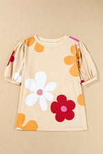 Beige puff-sleeve shirt with floral prints in Euro sizes for a relaxed style