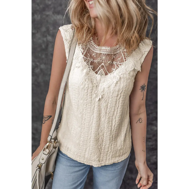 Apricot Guipure Lace Crochet Keyhole Back Tank Top - Apricot / S / 97% Polyester + 3% Elastane - Tops/Tank Tops