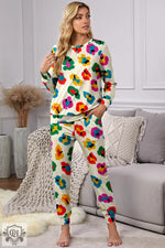 Colorful Apricot Leopard Print Long Sleeve Top and Skinny Pants Lounge Set in various euro sizes