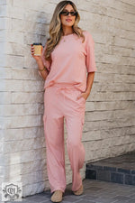 Apricot Pink Half Sleeve T-Shirt & Cargo Sweatpants Set - Two Piece Sets/Pant Sets