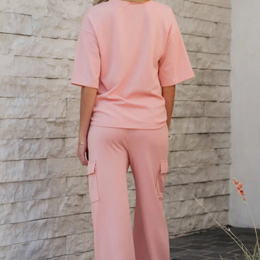 Apricot Pink Half Sleeve T-Shirt & Cargo Sweatpants Set - Two Piece Sets/Pant Sets