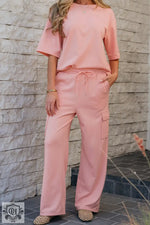 Apricot Pink Half Sleeve T-Shirt & Cargo Sweatpants Set - Two Piece Sets/Pant Sets