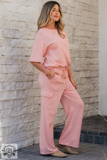 Apricot Pink Half Sleeve T-Shirt & Cargo Sweatpants Set - Two Piece Sets/Pant Sets