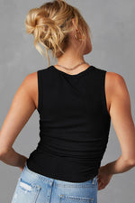 Black sleeveless fitted tank top with ribbed texture in various sizes for bust and waist