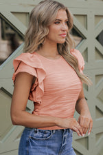 Peach-colored Ruffle Sleeve Top with Blue Jeans in Euro Sizes for a Relaxed Look