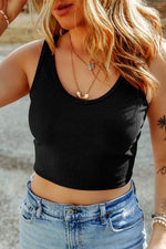 Black ribbed crop tank top with thin straps, perfect for any bust hem width