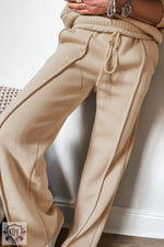 Apricot Solid Seamed Zipper Jacket and Drawstring Waist Pants Set - Two Piece Sets/Pant Sets