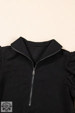 Black textured collared top with zipper from Apricot Textured Ruffled Sleeve Set