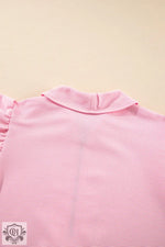 Pink corduroy shirt from the Apricot Textured Ruffled Sleeve Zipped Top and Wide Leg Pants Set