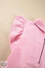 Pink corduroy zip-up top from Apricot Textured Ruffled Sleeve Zipped Top and Wide Leg Pants Set