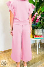 Apricot Textured Ruffled Sleeve Zipped Top and Wide Leg Pants Set for a relaxed look