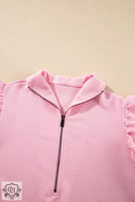 Pink ribbed zip-up top from Apricot Textured Ruffled Sleeve Zipped Top and Wide Leg Pants Set