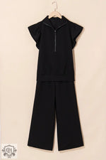 Black two-piece Apricot Textured Ruffled Sleeve Zipped Top and Wide Leg Pants Set