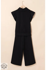 Black two-piece pantsuit in Apricot Textured Ruffled Sleeve Zipped Top and Wide Leg Pants Set