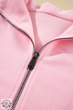 Pink ribbed zip-up hoodie from Apricot Textured Ruffled Sleeve Zipped Top Set