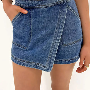 Ashleigh Blue Faux Wrapped Mini Denim Skort - Ashleigh Blue / 4 / 72% Cotton + 26% Polyester + 2% Elastane