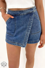 Ashleigh Blue Faux Wrapped Mini Denim Skort - Ashleigh Blue / 4 / 72% Cotton + 26% Polyester + 2% Elastane