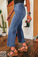 Blue Denim Cropped Wide-Leg Pants from Ashleigh featuring a Mineral Wash finish