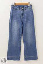 Blue wide-leg denim jeans, Ashleigh Blue Mineral Wash, high waist bell bottom crop style