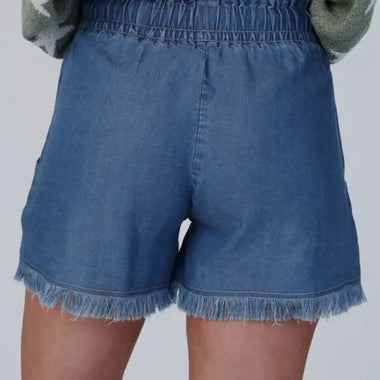 Ashleigh Blue Raw Hem Drawstring High Waist Denim Shorts with Pockets - Bottoms/Denim Shorts