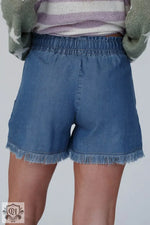 Ashleigh Blue Raw Hem Drawstring High Waist Denim Shorts with Pockets - Bottoms/Denim Shorts