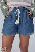 Ashleigh Blue Raw Hem Drawstring High Waist Denim Shorts with Pockets - Ashleigh Blue / 4 / 100% Cotton - Bottoms/Denim