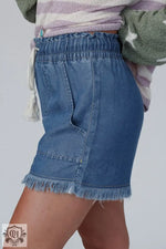 Ashleigh Blue Raw Hem Drawstring High Waist Denim Shorts with Pockets - Bottoms/Denim Shorts