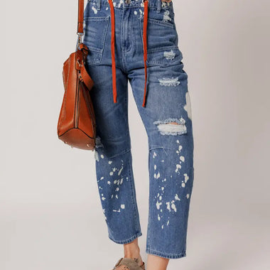 Distressed Ashleigh Blue Ripped Jeans with splattering paint and drawstring waist