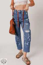 Distressed Ashleigh Blue Ripped Jeans with splattering paint and drawstring waist