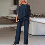 Asymmetric Short Sleeve Top & Matching Trousers - S / Navy Blue - Clothing