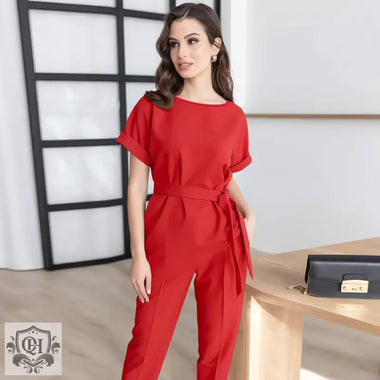 Asymmetrical Top with Belt & High Rise Trousers - Clothing