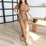 Asymmetrical Top with Belt & High Rise Trousers - S / Brown - Clothing