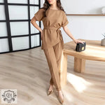 Asymmetrical Top with Belt & High Rise Trousers - S / Brown - Clothing