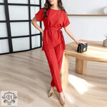 Asymmetrical Top with Belt & High Rise Trousers - S / Red - Clothing